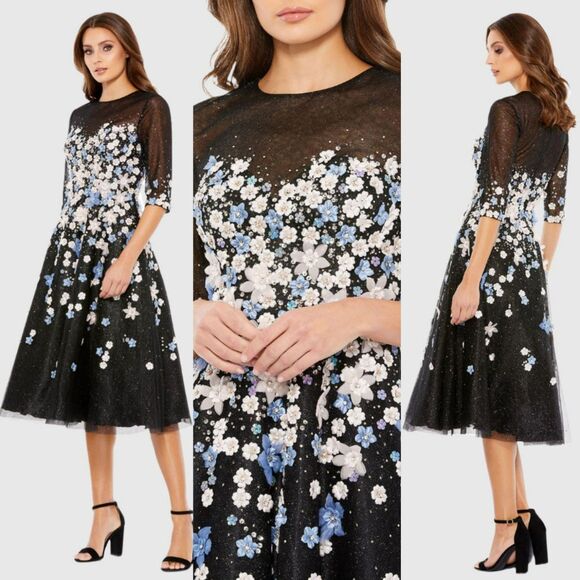 Mac Duggal Floral Embroidered A-Line Tea-Length Cocktail 14 Maxi Dress 11161 New